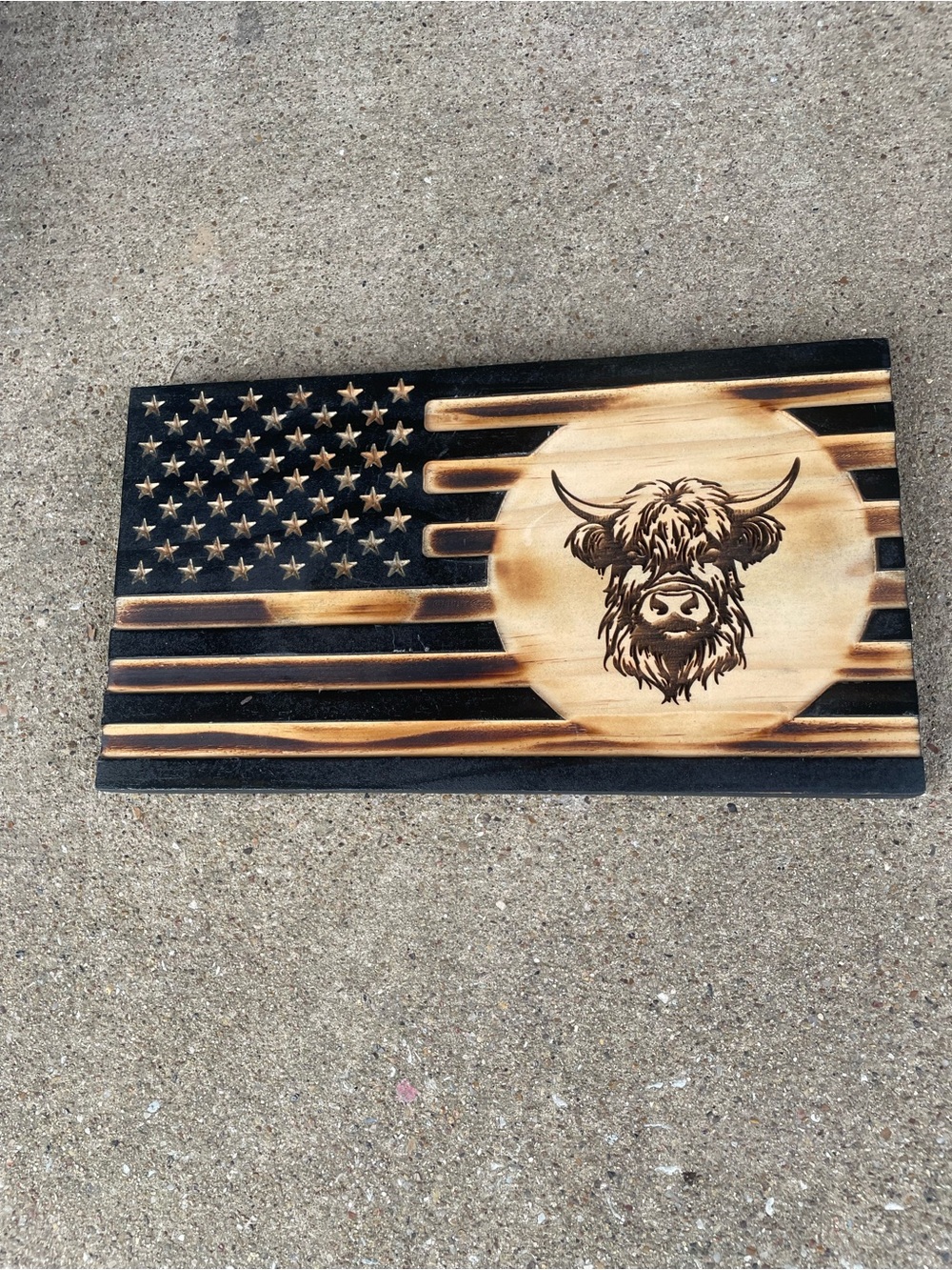 Burnt Wood American Flag Wall Art with Highland Cow